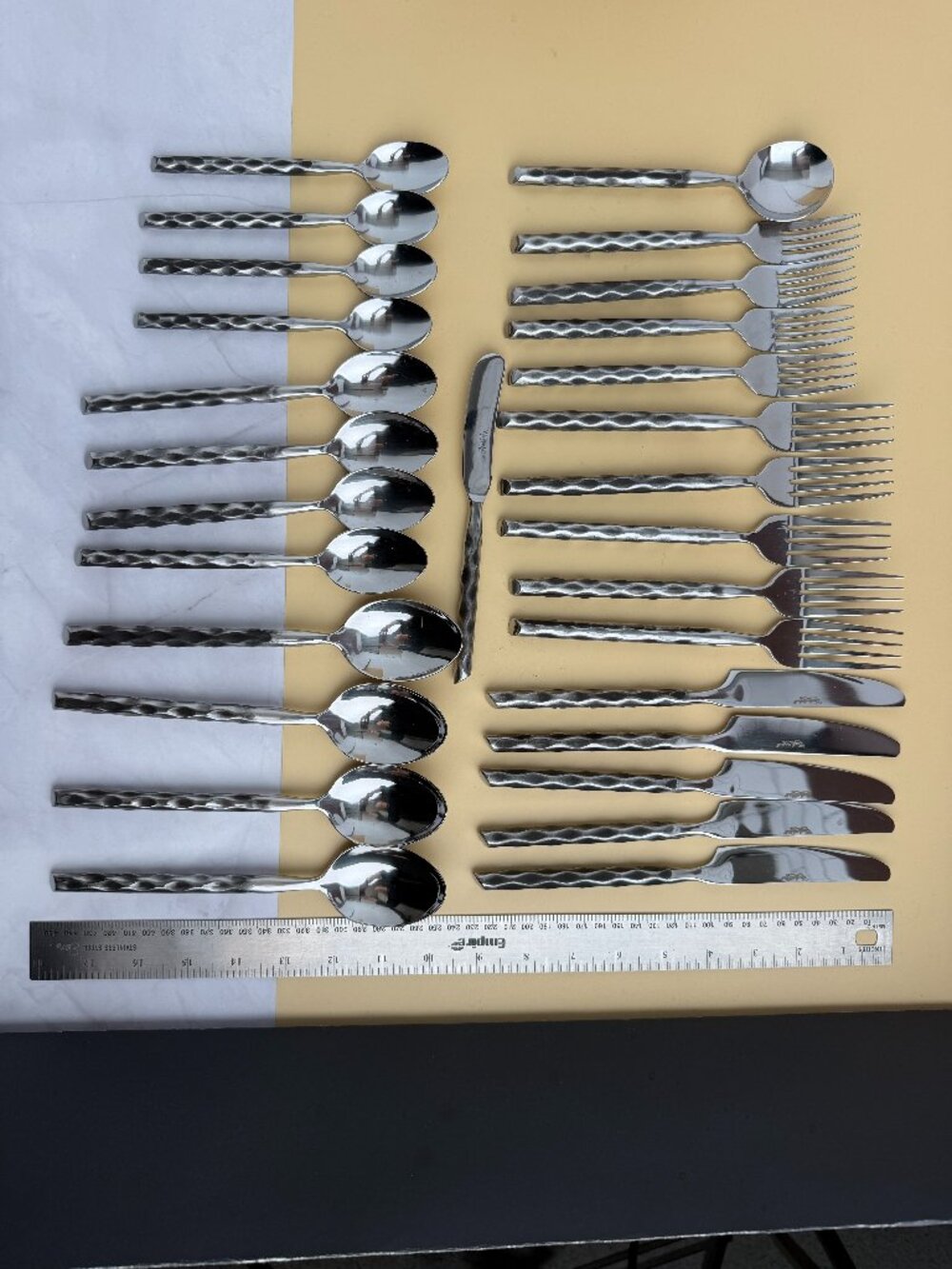 Corby Hall 28 Pc Stainless Flatware Set Hammered Textured Modern Silverware